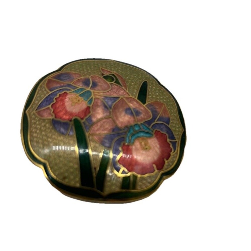 Cloisonne Orchid Flower Vintage  Enamel Belt Buckle or Scarf Clip Brooch Green
